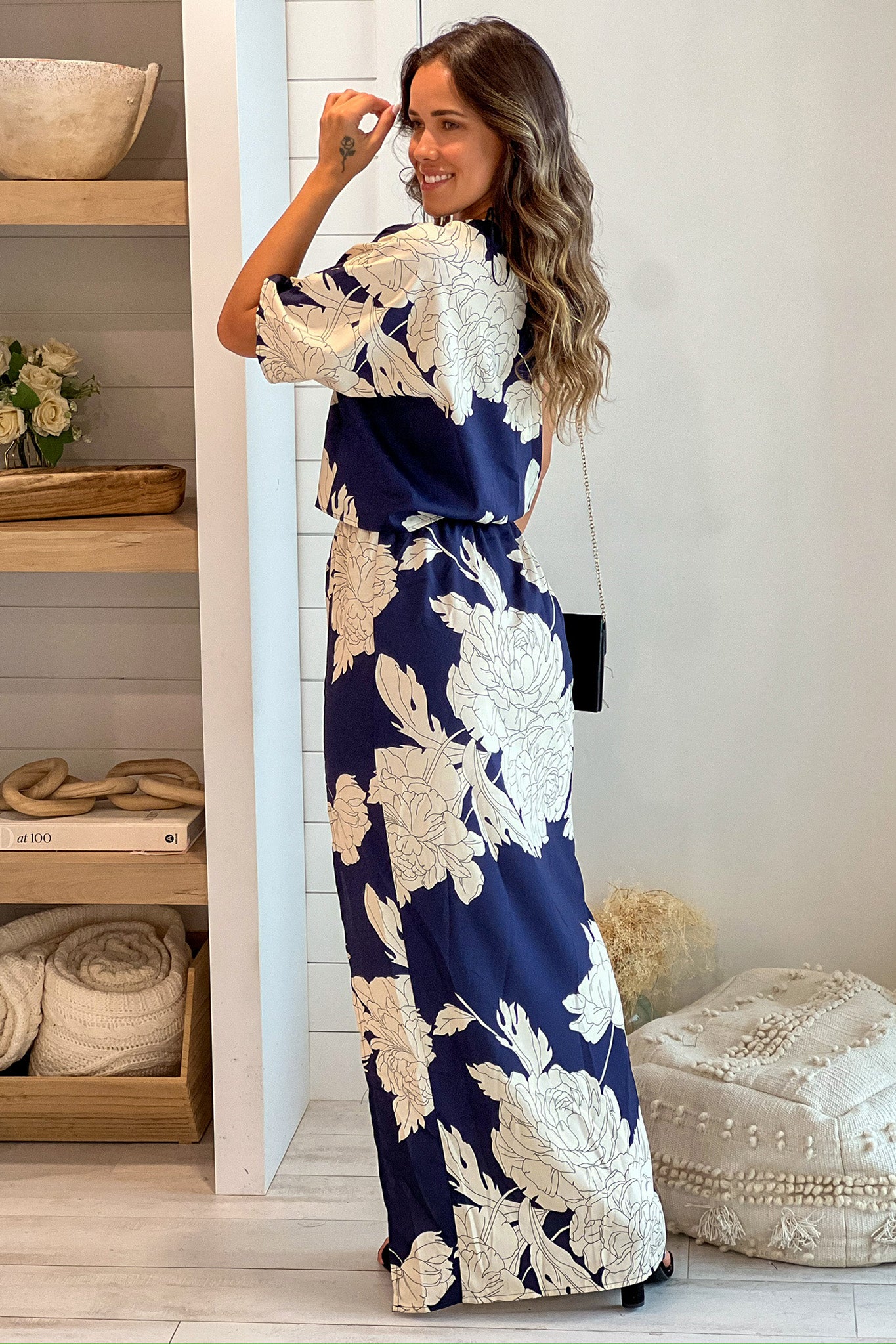 navy and white one shoulder maxi dress