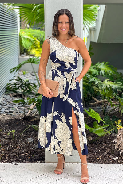 navy and white printed one shoulder dress with slit