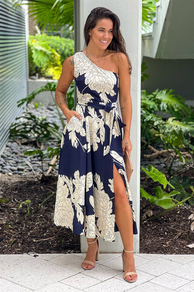 navy and white printed one shoulder dress