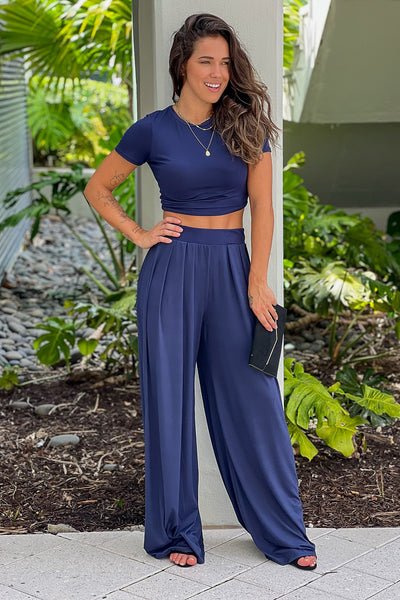 navy crop top and pleated pants set