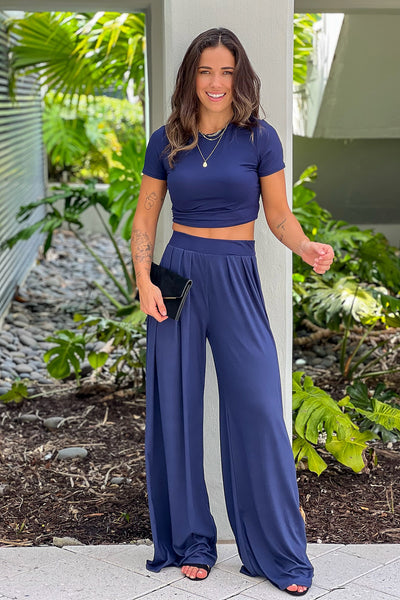 navy crop top and wide leg pants set