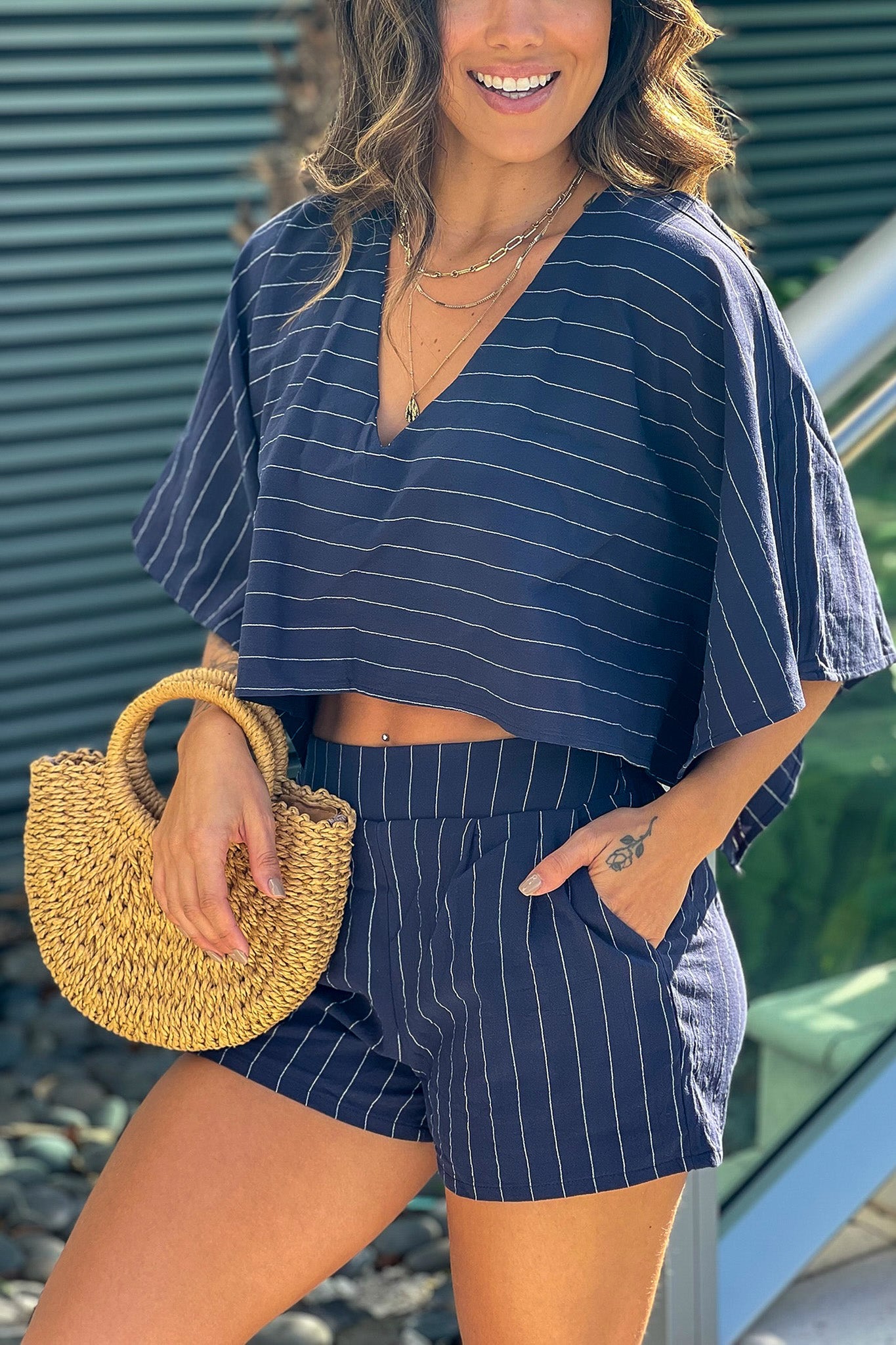 Navy Striped Top And Short Pants Set