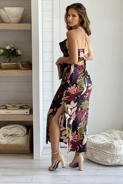 navy floral cowl neck dress with slit