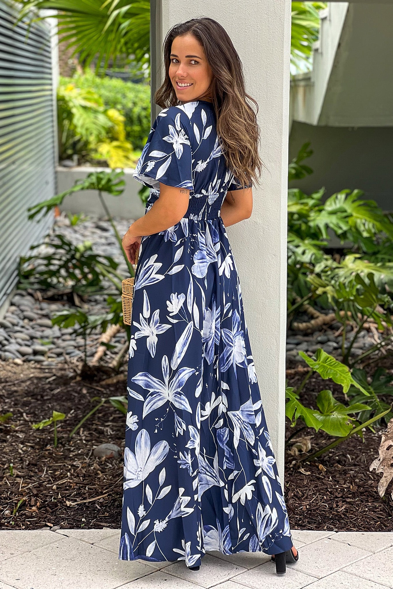 navy floral maxi dress with short sleeves