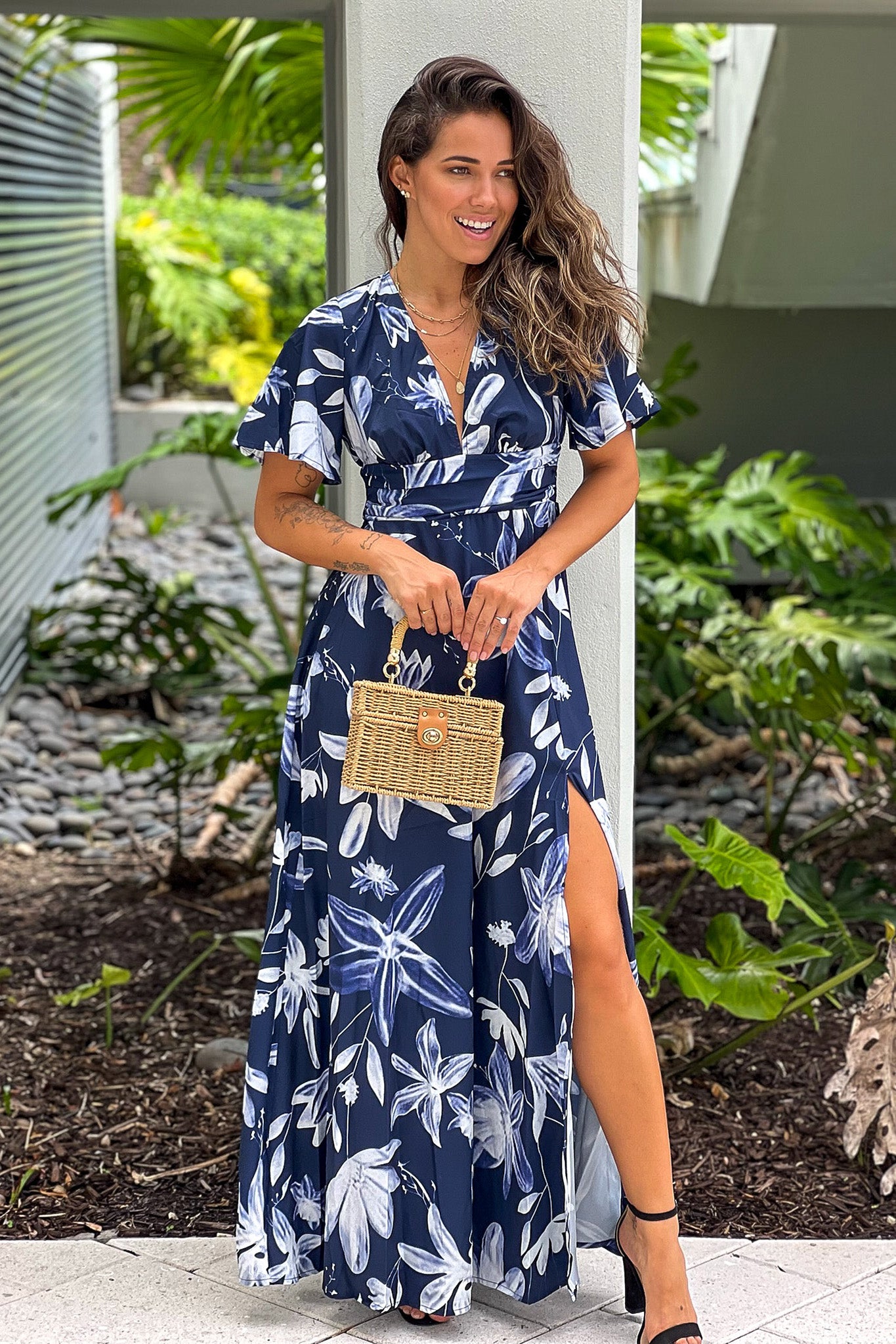 navy floral maxi dress with slit