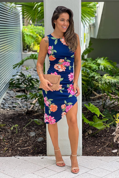 navy floral print asymmetrical dress