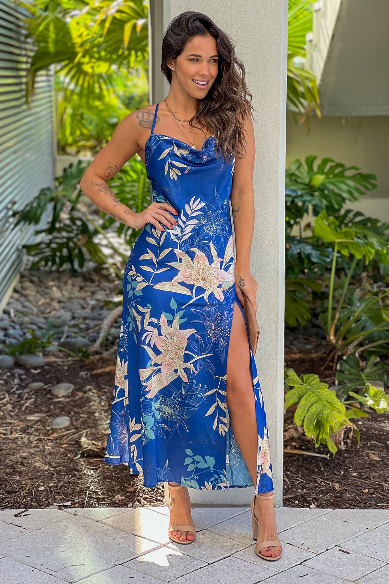 navy floral satin dress with halter neck