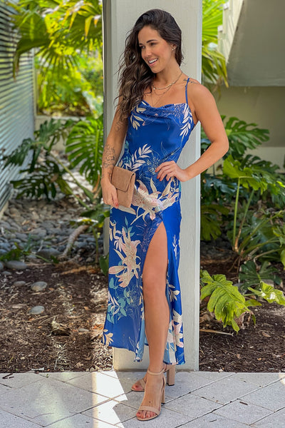 navy floral satin dress with slit