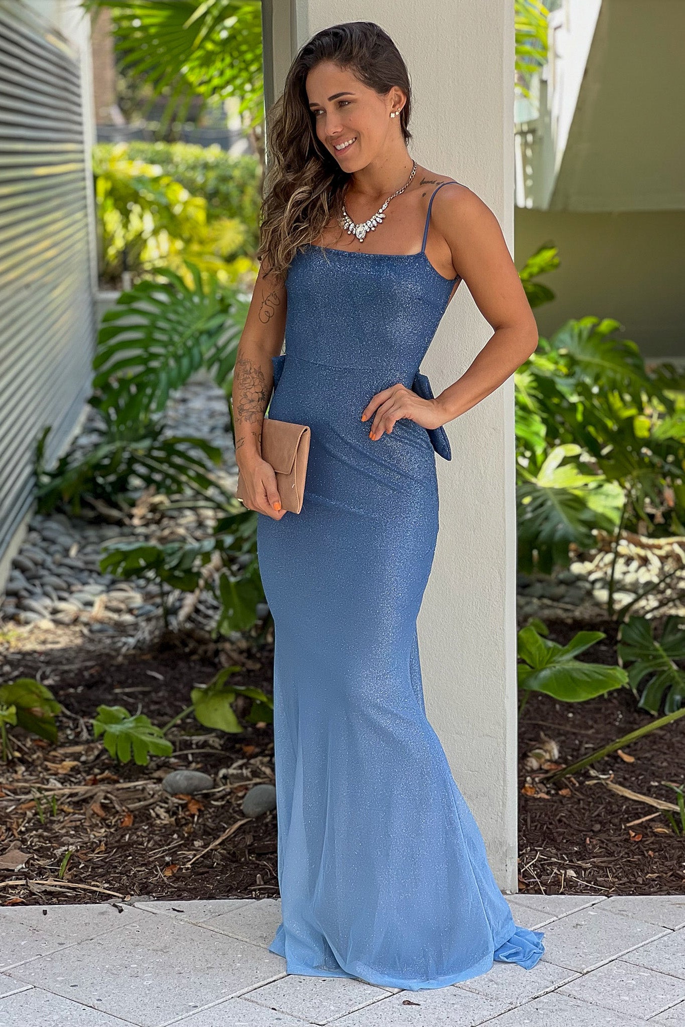 Navy Ombre Glitter Maxi Dress With Back Bow Navy Ombre Glitter Maxi Dress With Back Bow