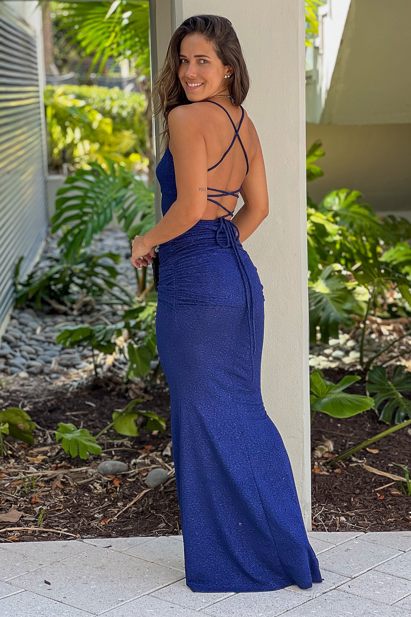 navy glitter mermaid maxi dress with lace up back