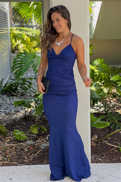 navy glitter ruched maxi dress