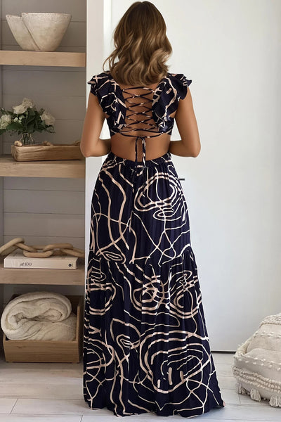 navy lace up back maxi dress