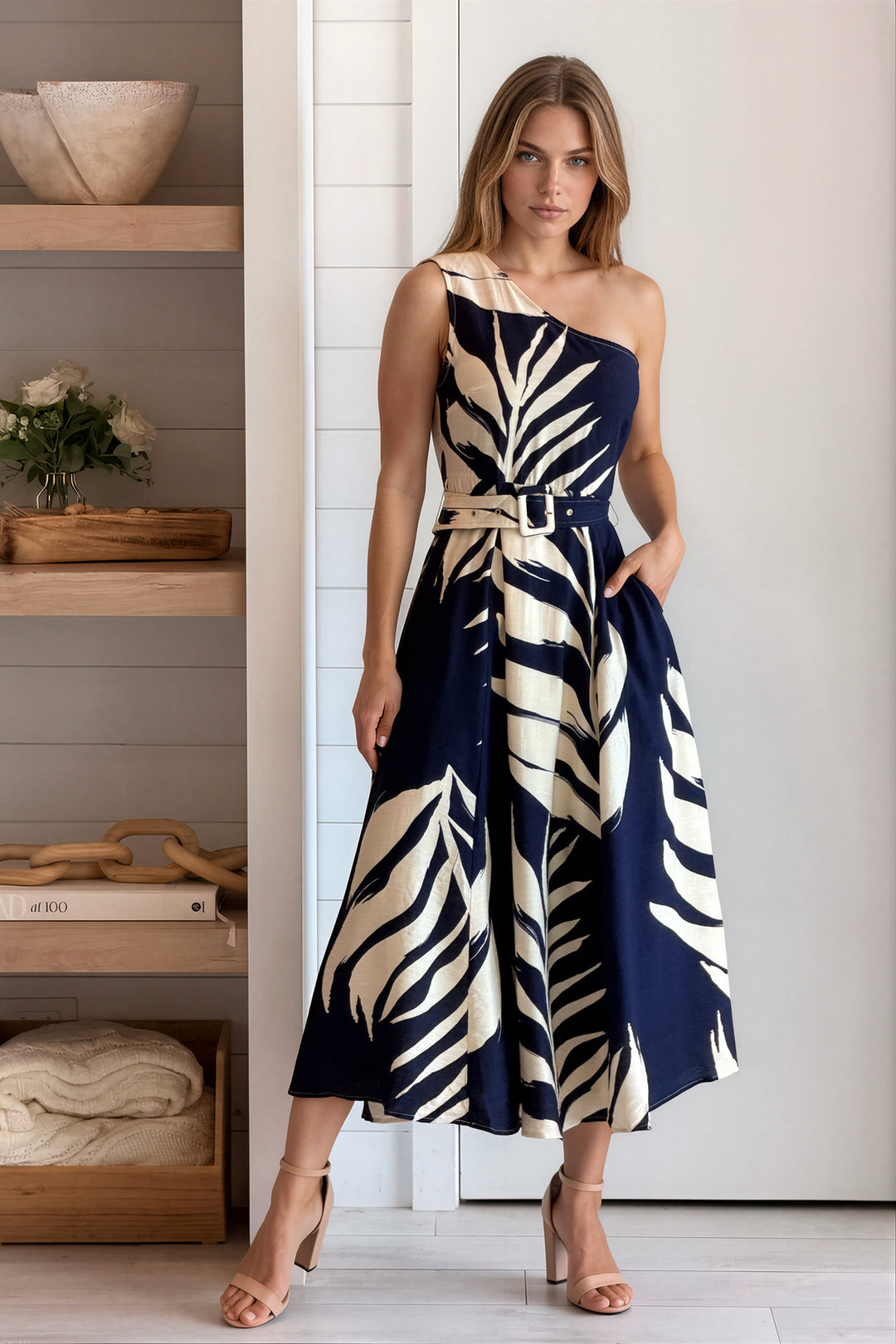 Leaf Print Ruffle Wrap Dress