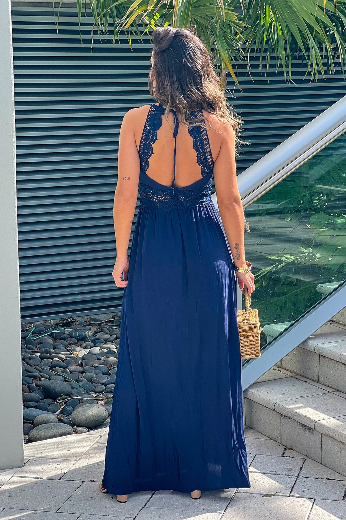 Navy Maxi Dress With Smocked Top And Crochet Detail