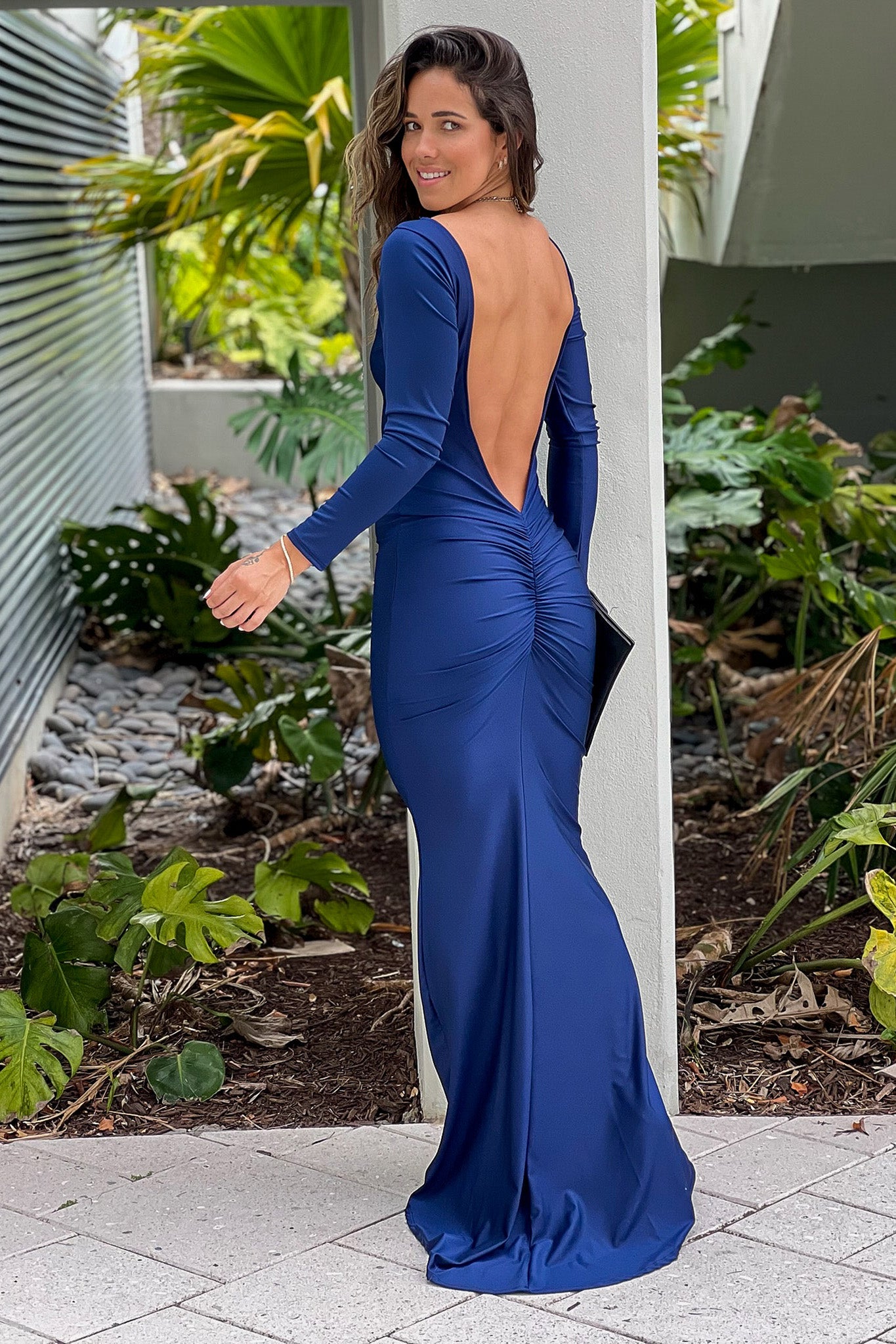 navy maxi dress with long sleeves and open back