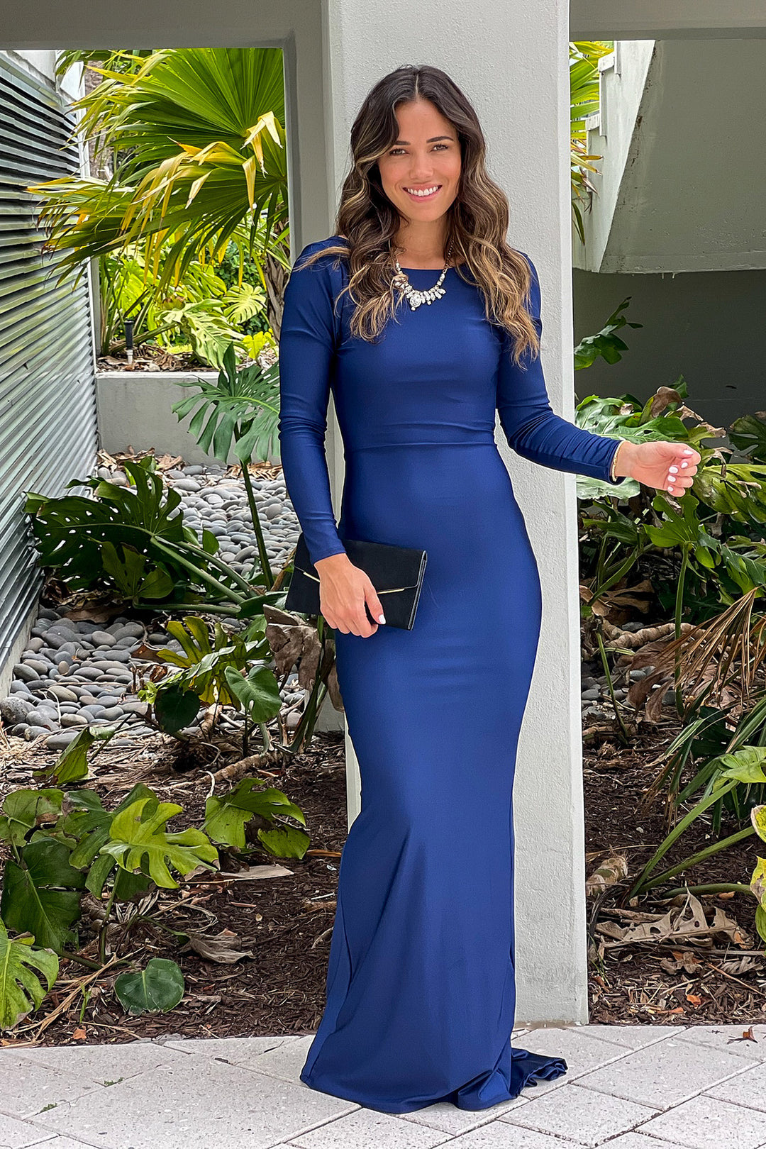 chinese dress ladies Navy Maxi Dress With Long Sleeves And Open Back