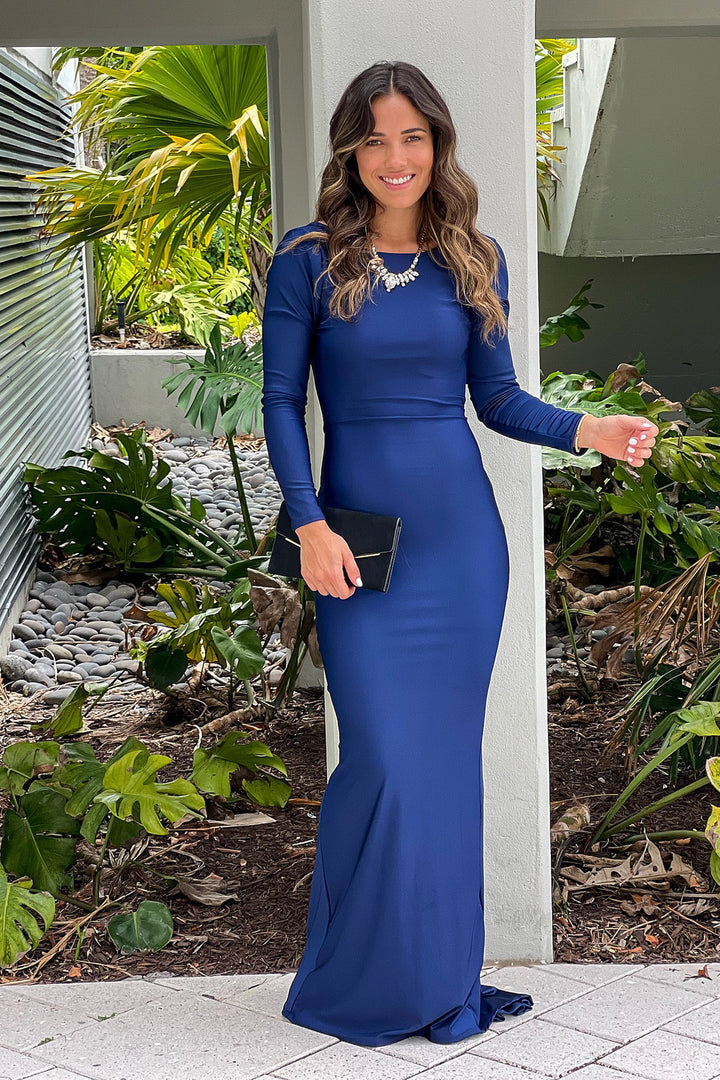 fitted lace wedding dress Navy Maxi Dress With Long Sleeves And Open Back fitted lace wedding dress Navy Maxi Dress With Long Sleeves And Open Back