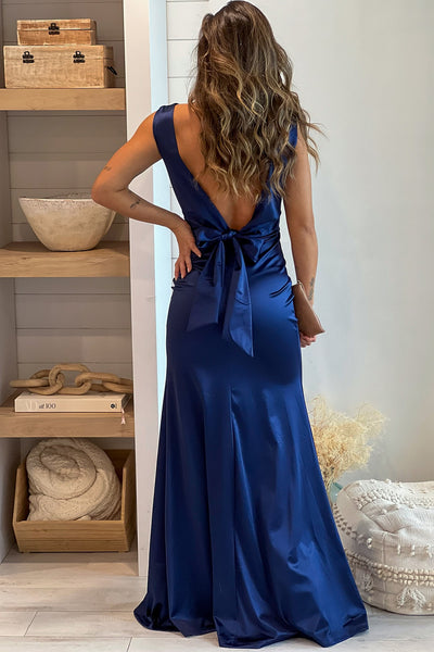navy maxi dress with open back and bow