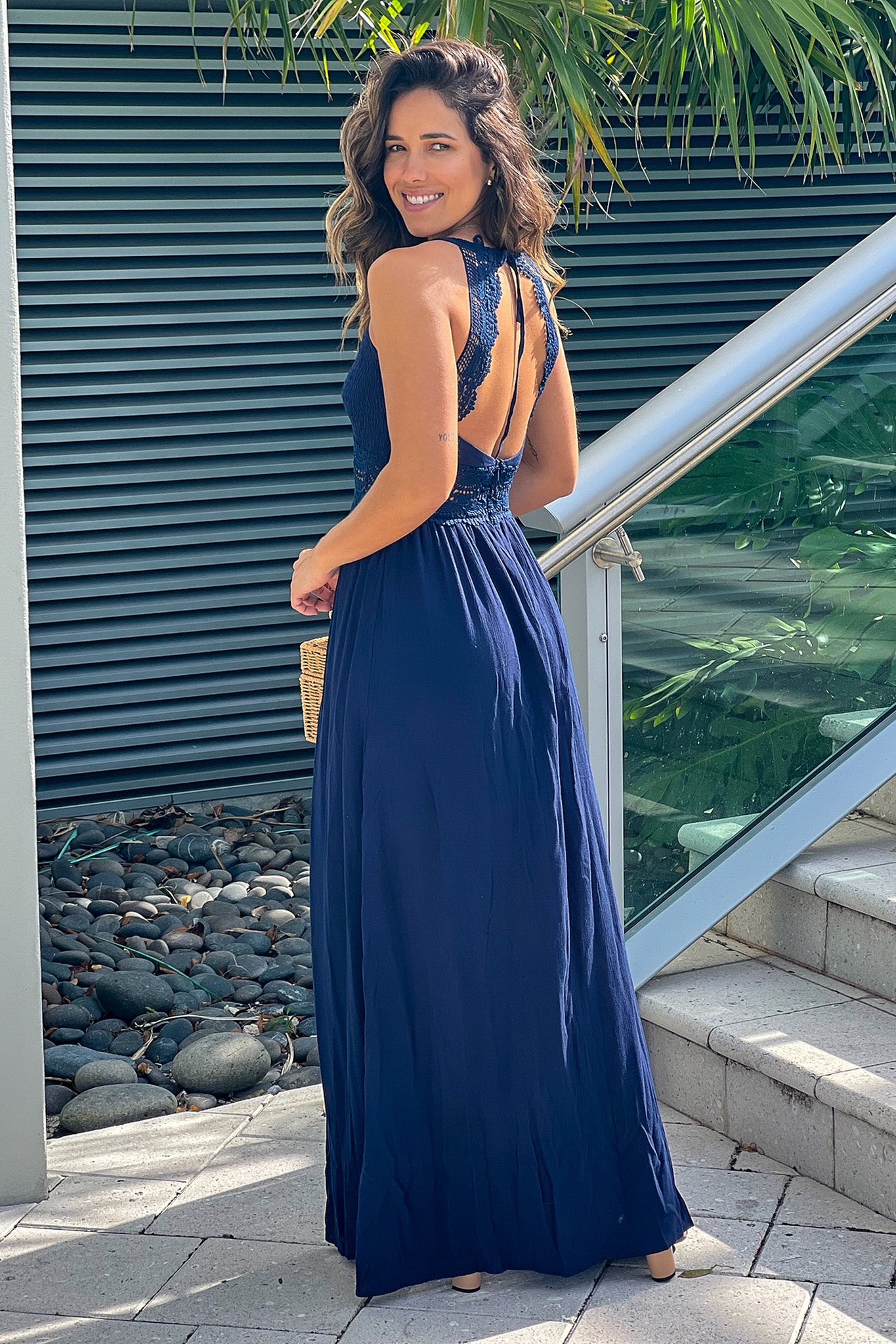 Navy Maxi Dress With Smocked Top And Crochet Detail