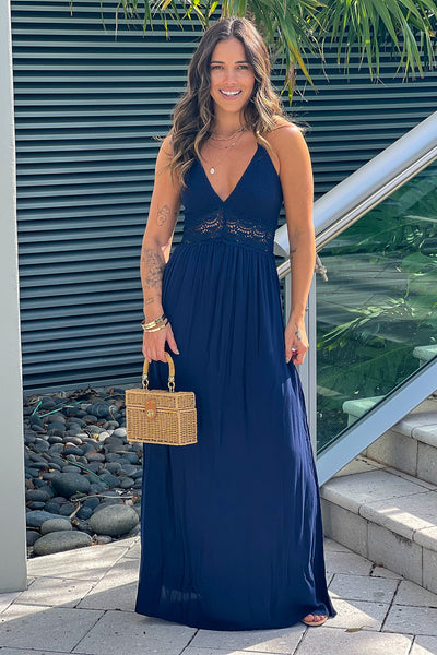navy maxi dress with smocked top and crochet detail