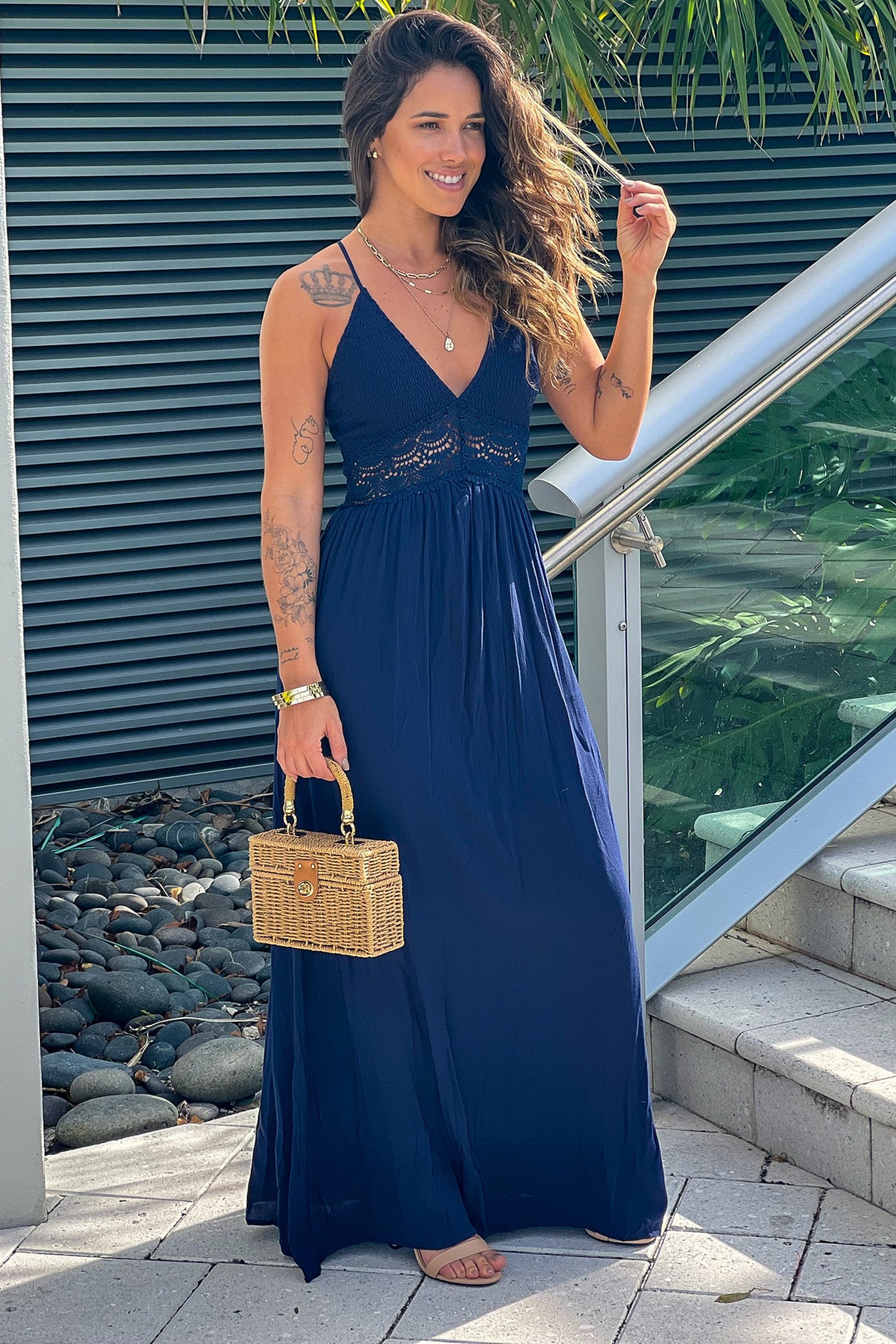 Navy Maxi Dress With Smocked Top And Crochet Detail
