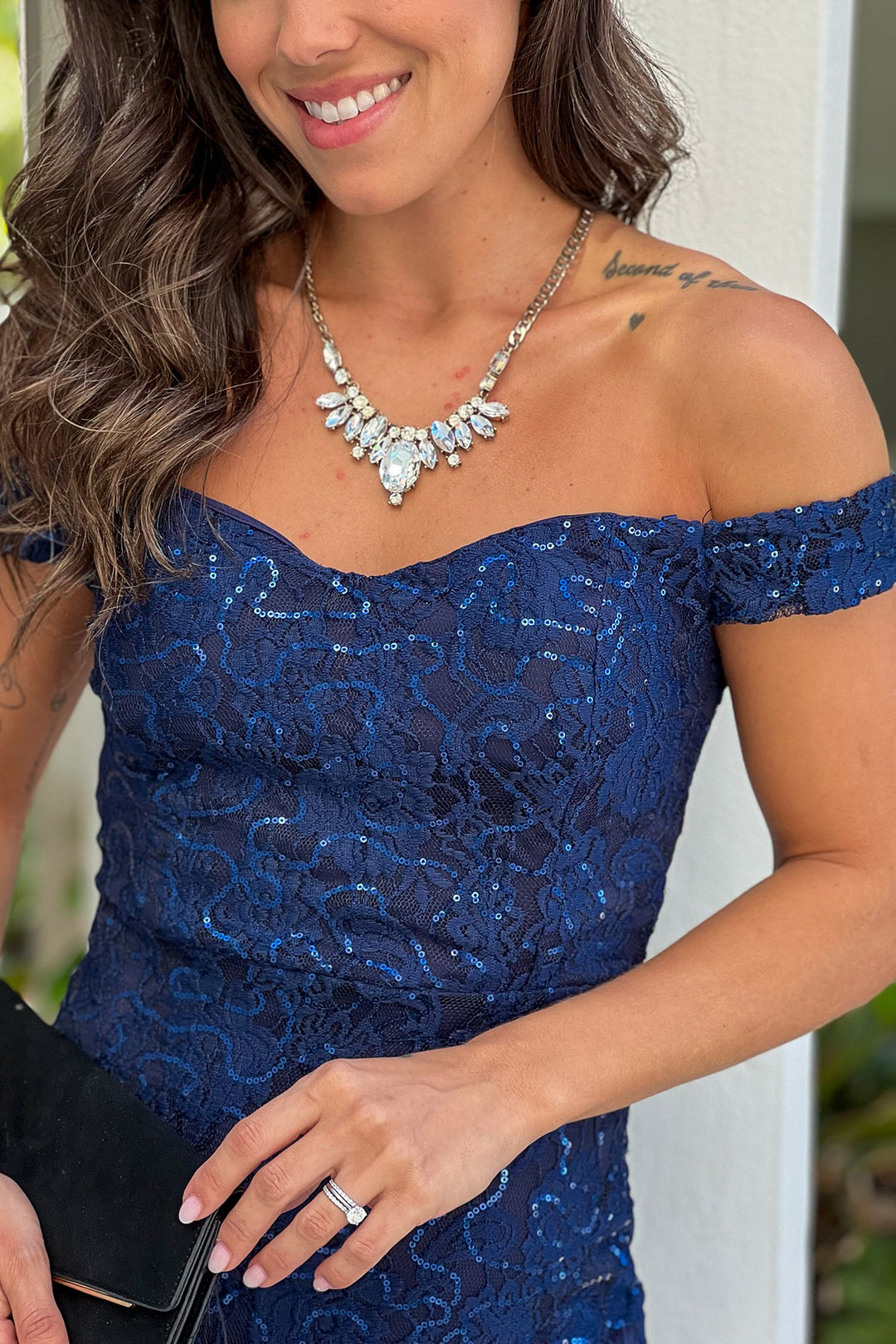 Navy Off Shoulder Lace Sequin Maxi Dress