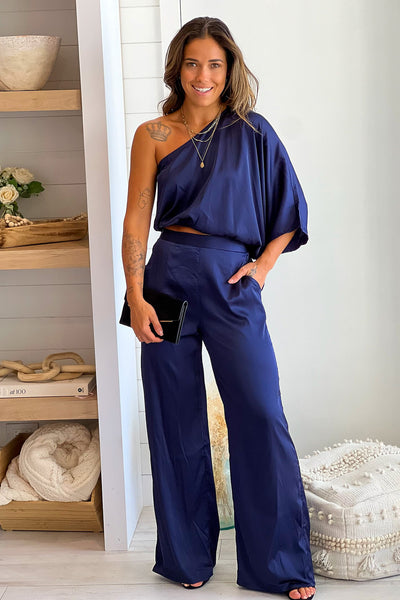 navy one shoulder satin outfit