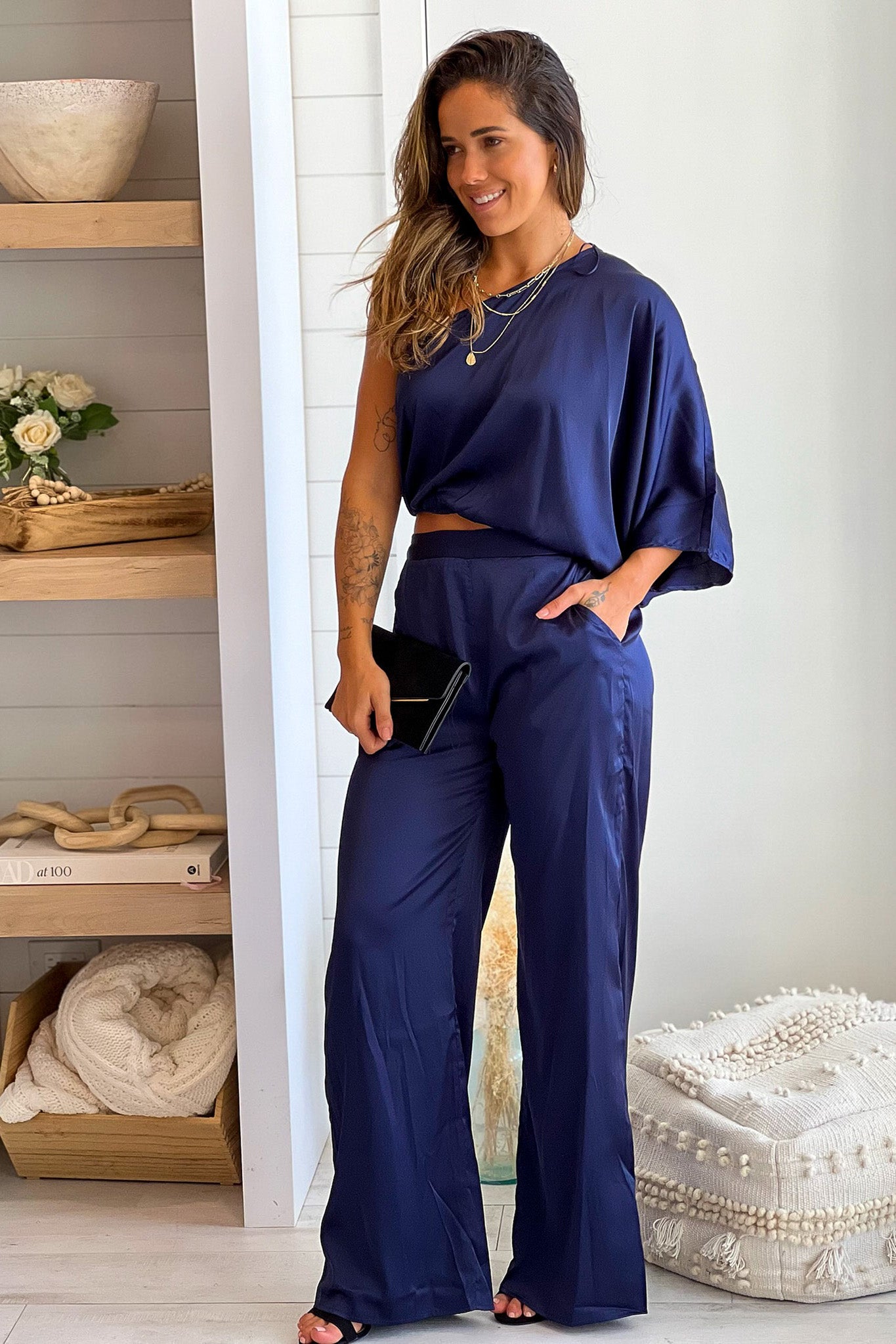 navy one shoulder top and pants set