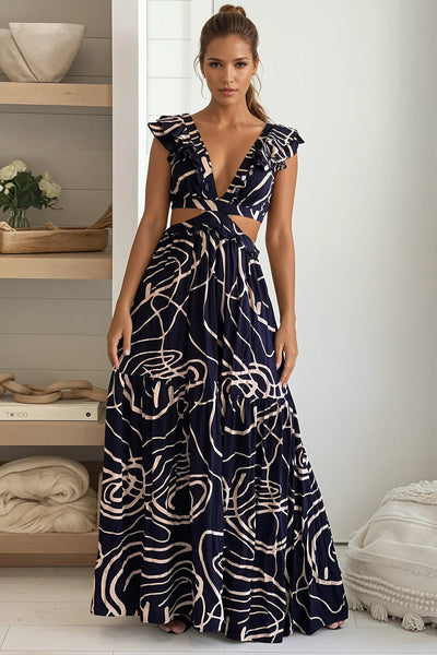 navy printed lace up back maxi dress