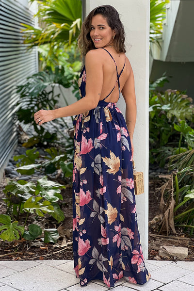 navy printed maxi dress with criss cross back