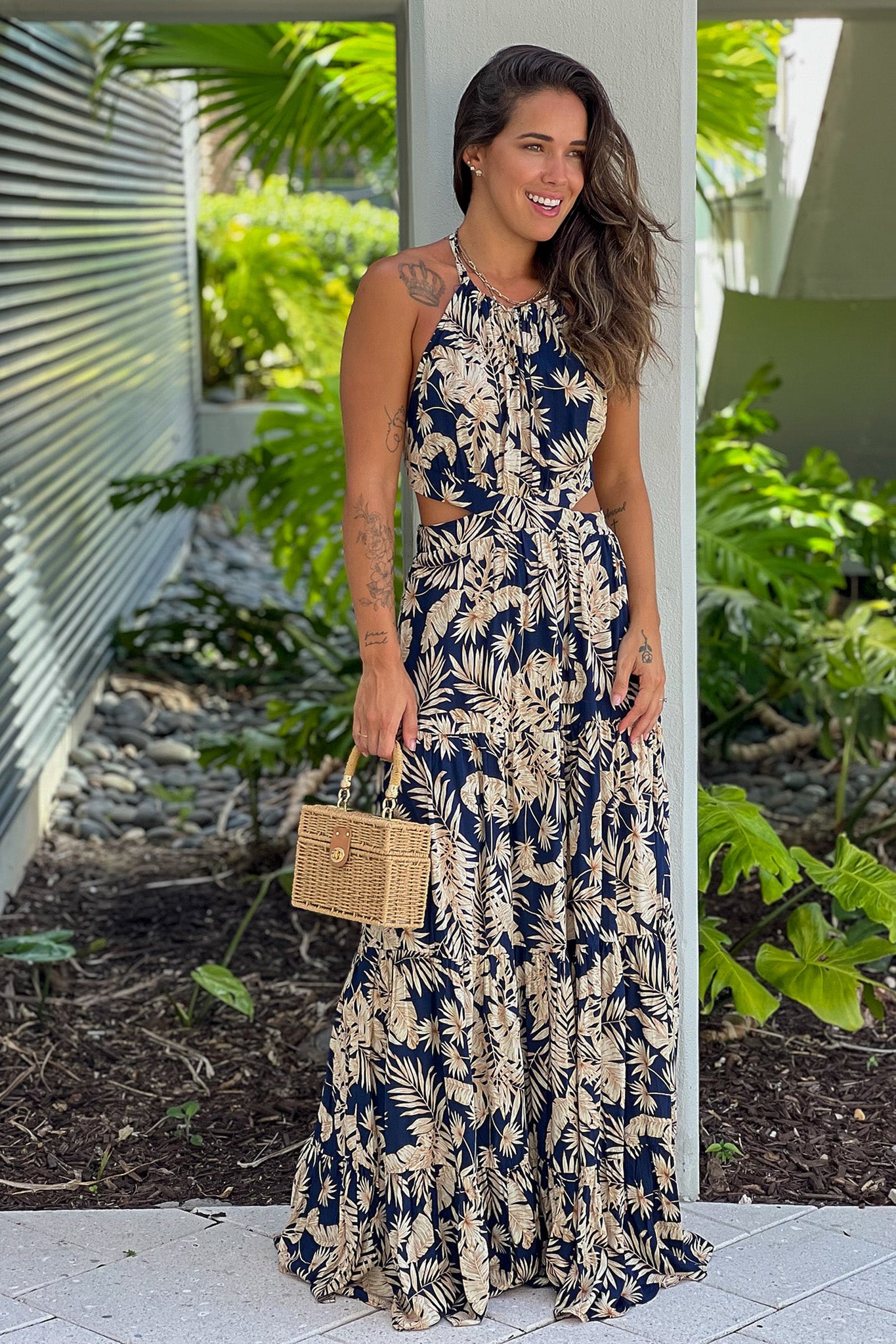 navy printed maxi dress with tie back