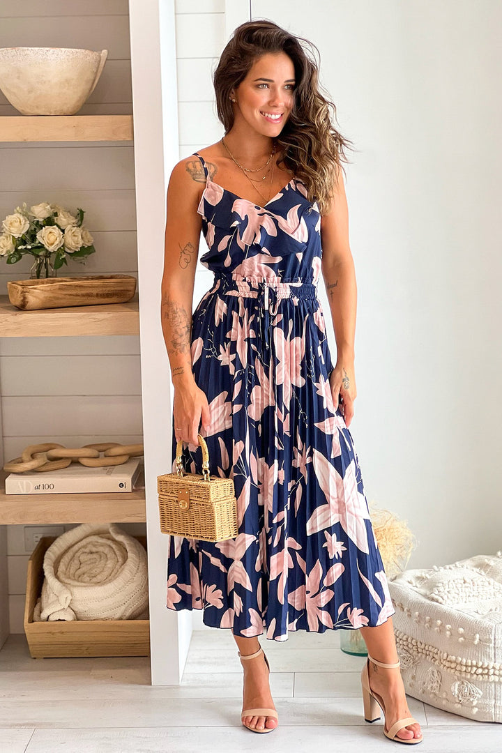 strapless open back dress Navy Printed Pleated Midi Dress