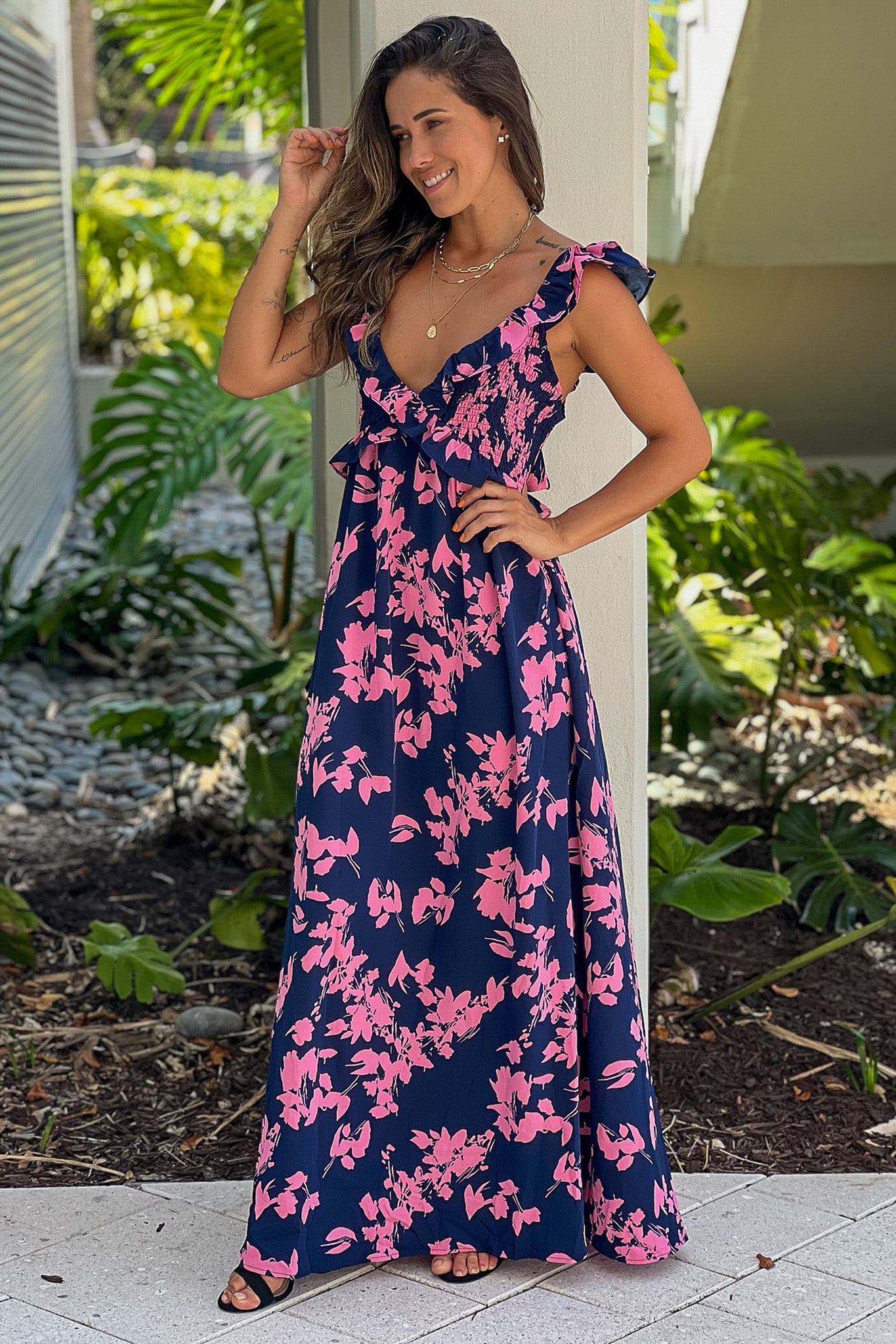 navy printed ruffled maxi dress