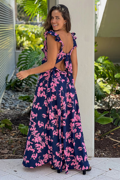 navy printed ruffled top maxi dress with open back