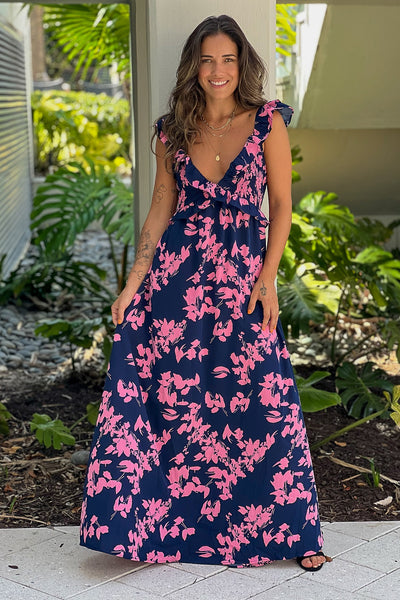 navy printed ruffled top maxi dress