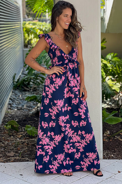 navy ruffled top maxi dress