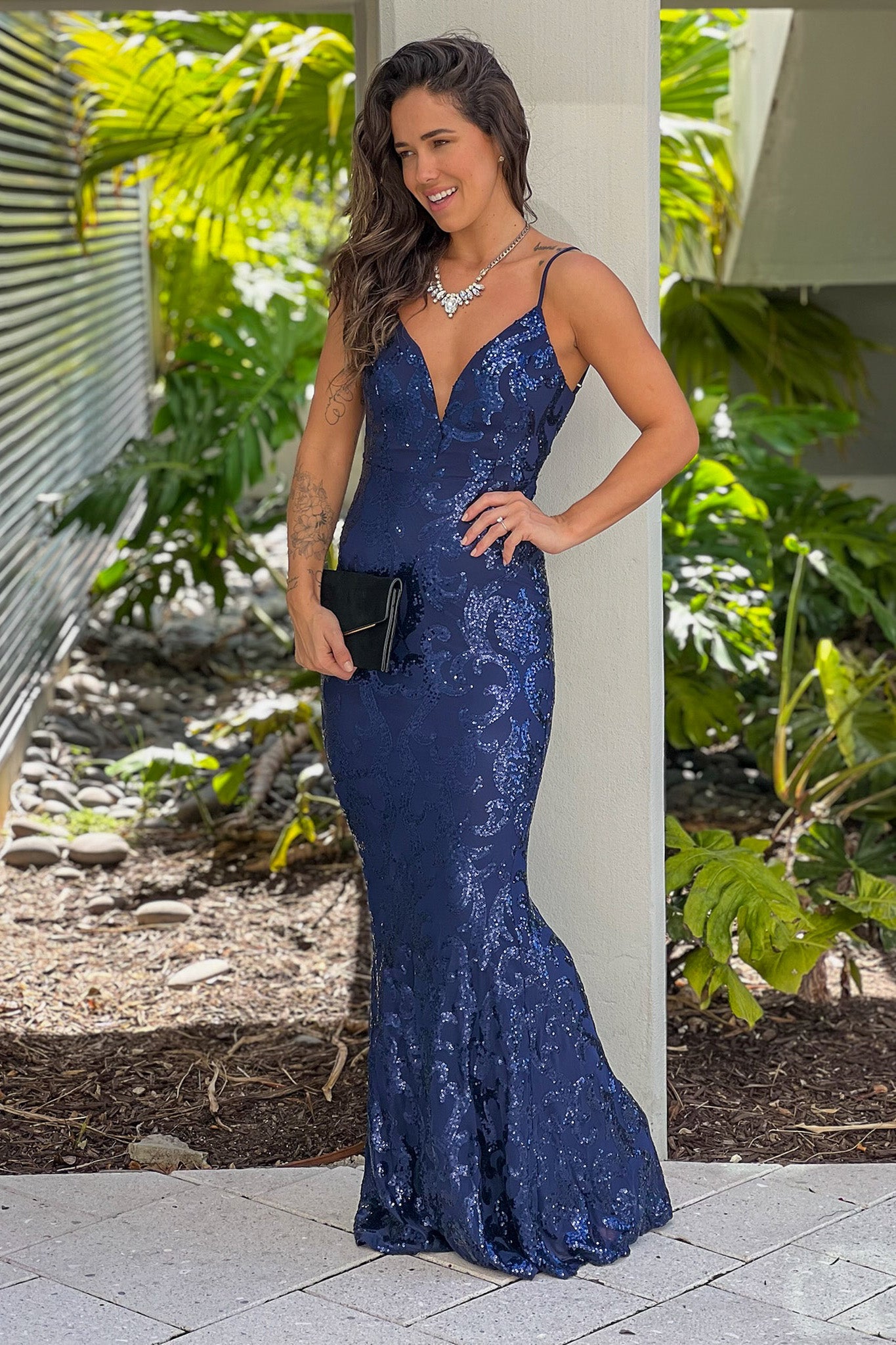 navy sequined formal maxi dress