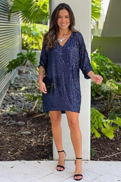 navy sequined short dress