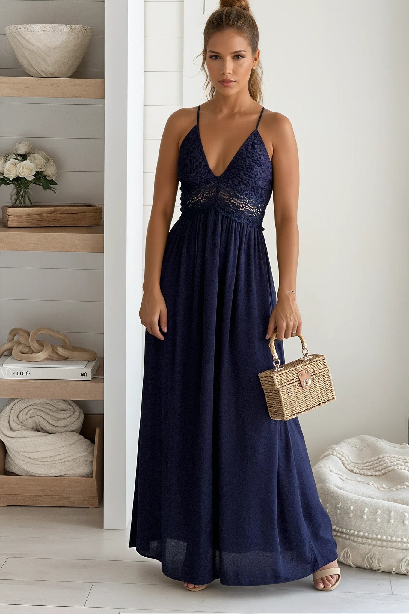 navy smocked top maxi dress