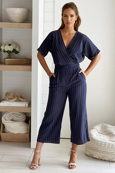 navy striped jumpsuit with pockets