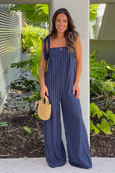 navy striped jumpsuit