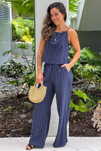 navy striped top and pants outfit