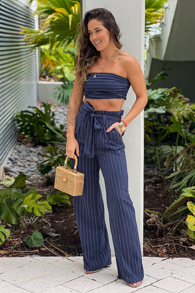 navy striped top and pants set