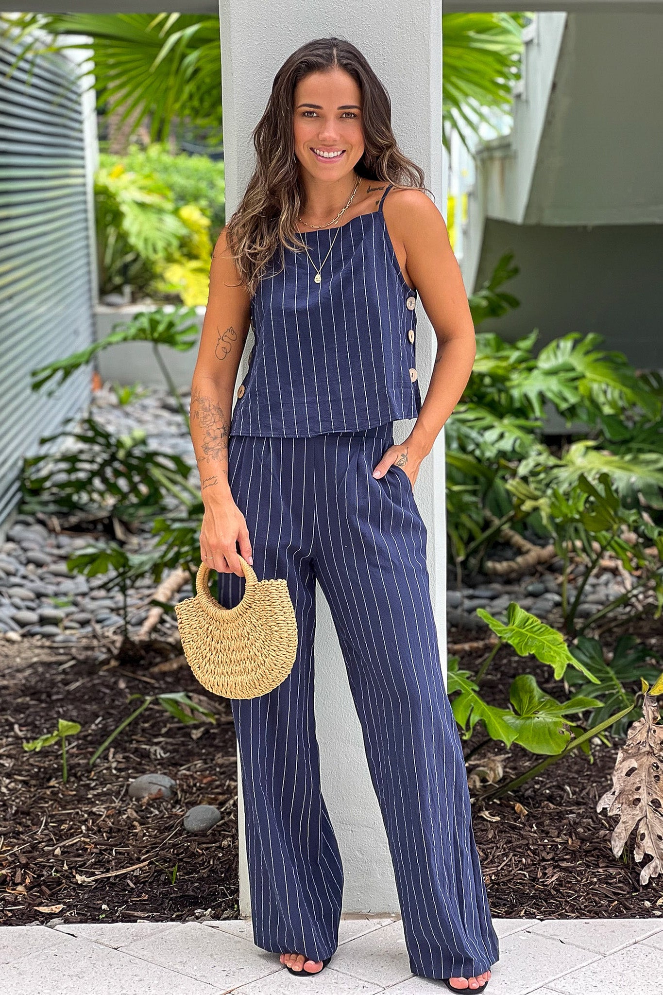 navy striped top and pants set