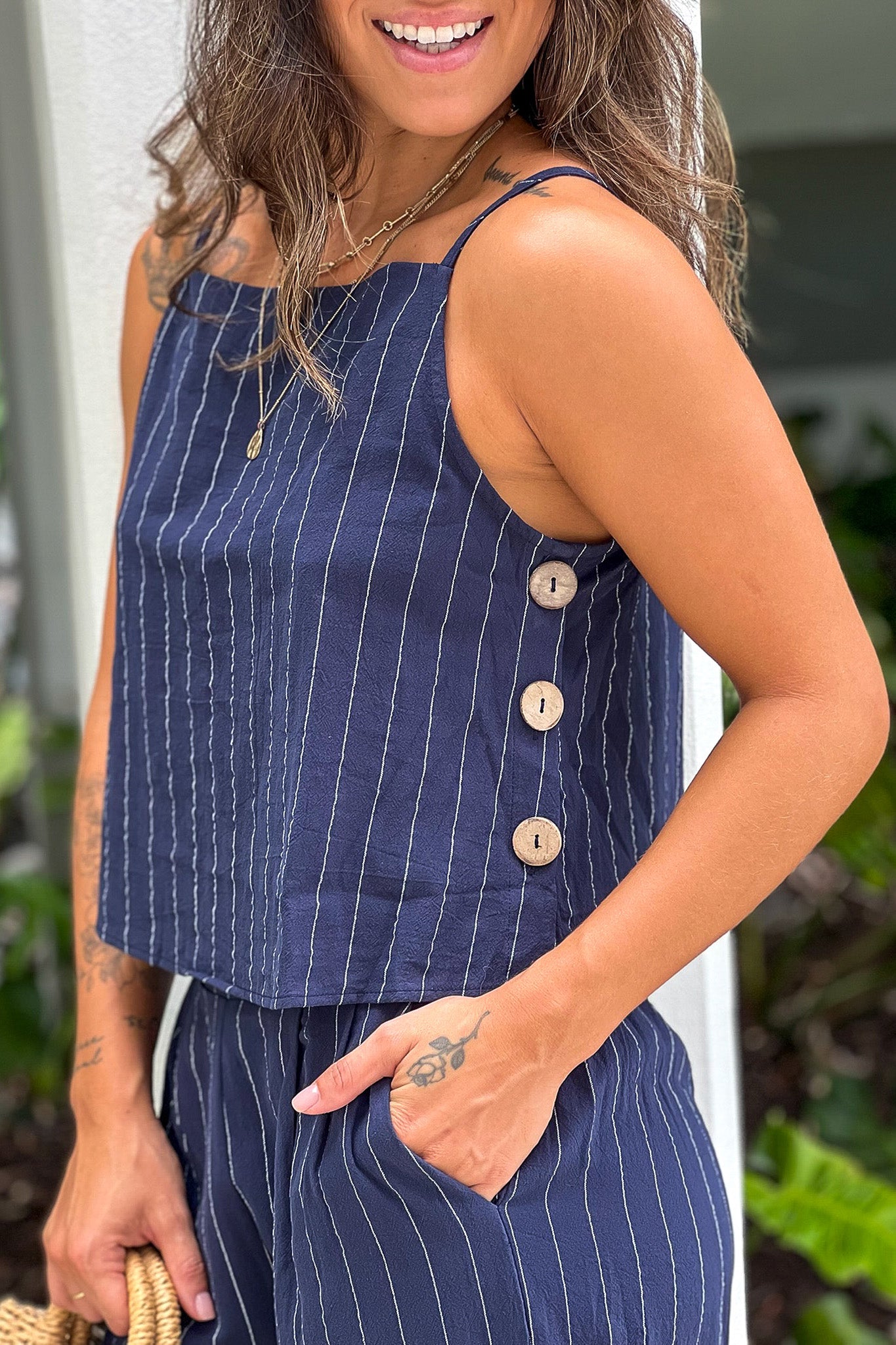 navy striped top and pants with pockets set