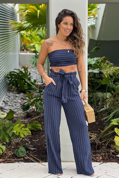 navy striped top and pants with pockets