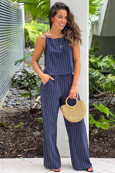 navy top and pants set