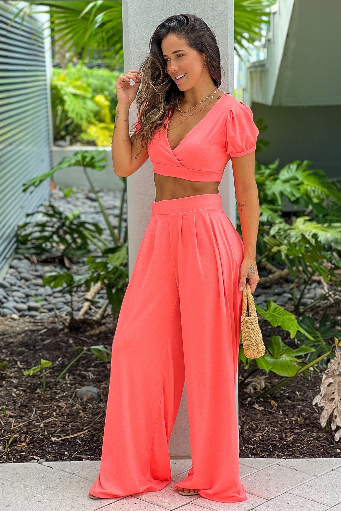 neon coral pants and top set