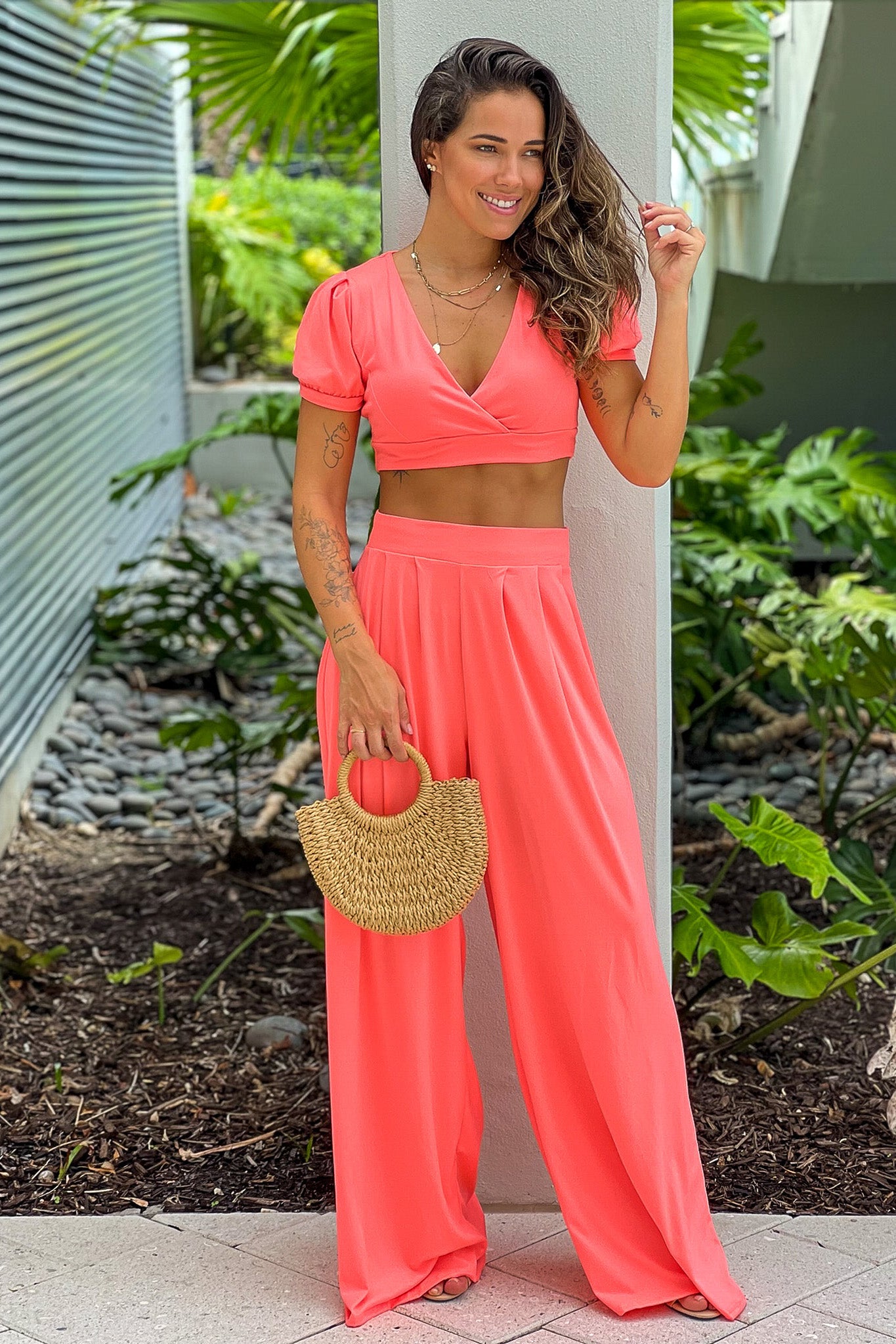 Neon Coral Pants And Crop Top Set Online Boutiques Saved by the Dress