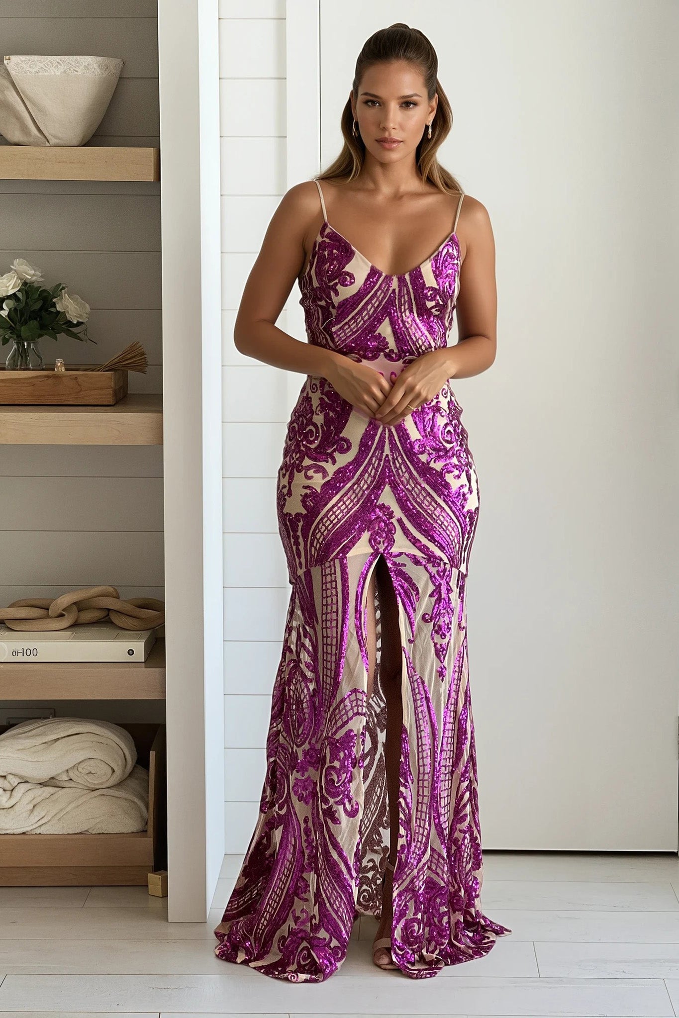 nude and fuchsia maxi dress with front slit